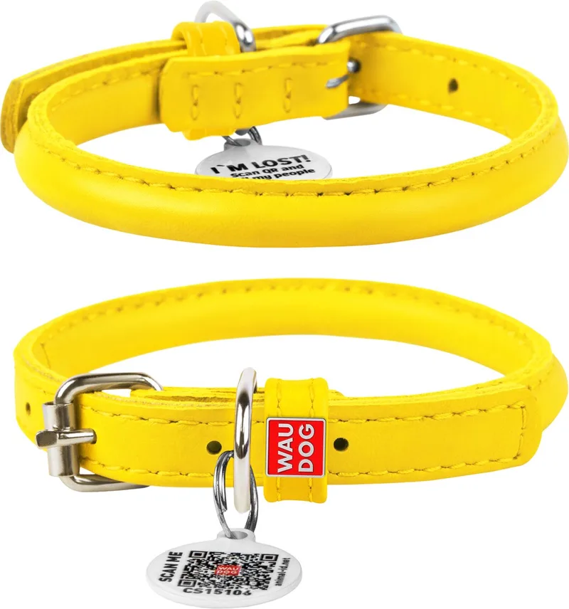 Glamour Rolled Halsband - Rond leder - Gratis QR-tag - XS - Diameter: 8 mm - Nekomtrek: 20 - 25 cm (GELIEVE VOORAF BESTELLEN OPMETEN) van Waudog in Geel – productfoto