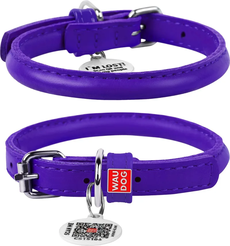 Glamour Rolled Halsband - Rond leder - Gratis QR-tag - XS - Diameter: 8 mm - Nekomtrek: 20 - 25 cm (GELIEVE VOORAF BESTELLEN OPMETEN) van Waudog in Paars – productfoto