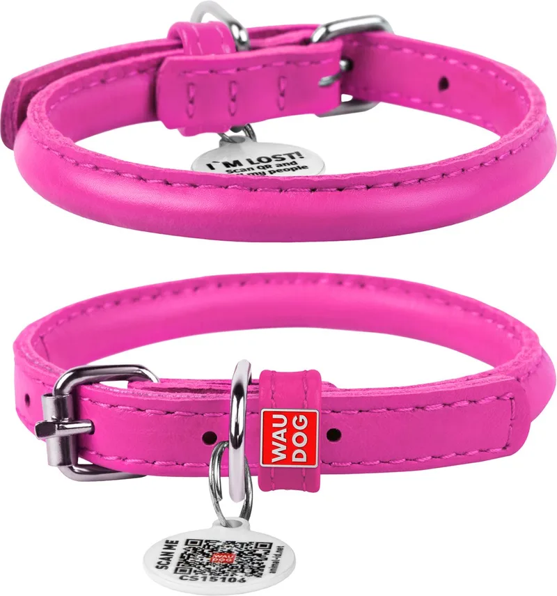 Glamour Rolled Halsband - Rond leder - Gratis QR-tag - XS - Diameter: 6 mm - Nekomtrek: 17 - 20 cm (GELIEVE VOORAF BESTELLEN OPMETEN) de Waudog en Rose – photo produit