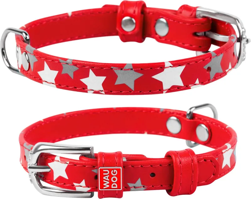 Glamour Star Halsband / Hondenhalsband - Echt Leder - Reflecterende sterren - XS - Breedte: 12 mm - Nekomtrek: 21 - 29 cm (GELIEVE ALVORENS BESTELLEN OPMETEN) by Waudog in Red – product photo
