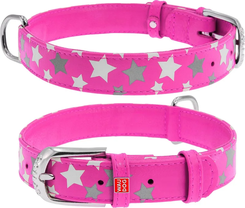 Glamour Star Halsband / Hondenhalsband - Echt Leder - Reflecterende sterren - M - Breedte: 25 mm - Nekomtrek: 38 - 49 cm (GELIEVE ALVORENS BESTELLEN OPMETEN) de Waudog en Rose – photo produit