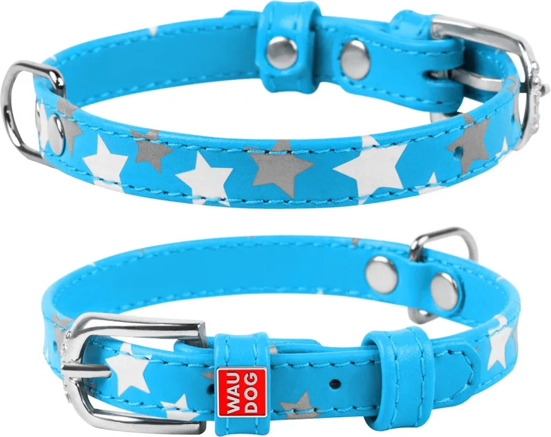Glamour Star Halsband / Hondenhalsband - Echt Leder - Reflecterende sterren - XS - Breedte: 12 mm - Nekomtrek: 21 - 29 cm (GELIEVE ALVORENS BESTELLEN OPMETEN) by Waudog in Blue – product photo