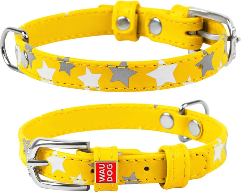 Glamour Star Halsband / Hondenhalsband - Echt Leder - Reflecterende sterren - XS - Breedte: 12 mm - Nekomtrek: 21 - 29 cm (GELIEVE ALVORENS BESTELLEN OPMETEN) von Waudog in Gelb – Produktfoto
