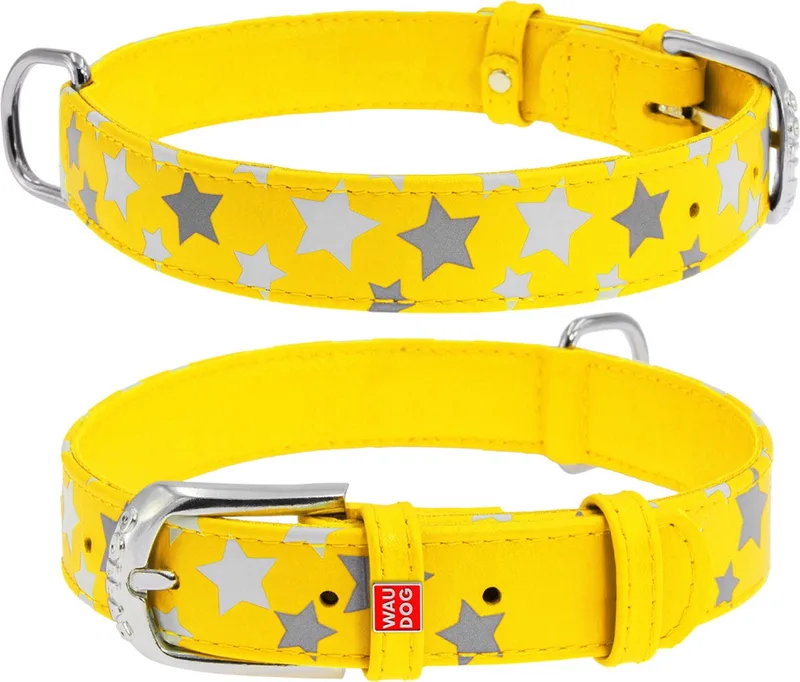 Glamour Star Halsband / Hondenhalsband - Echt Leder - Reflecterende sterren - M - Breedte: 25 mm - Nekomtrek: 38 - 49 cm (GELIEVE ALVORENS BESTELLEN OPMETEN) by Waudog in Yellow – product photo