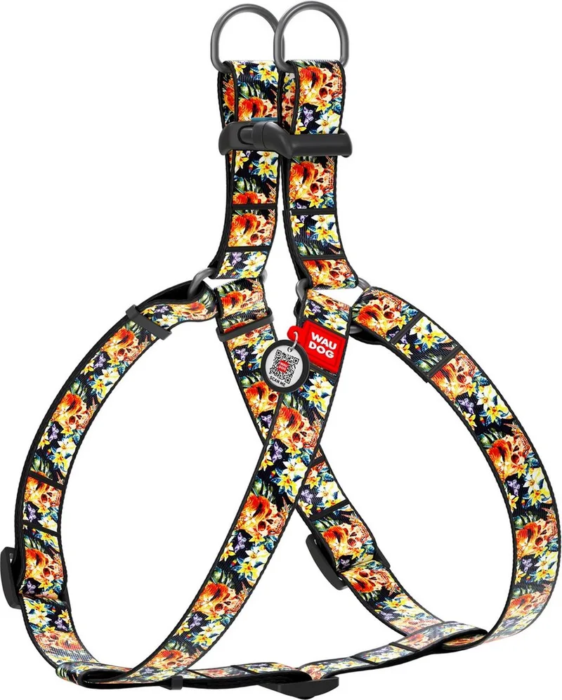 Glamourous Skulls Harnas / Hondentuigje - Nylon - Gratis QR-tag - Breedte: 25 mm - Borstomtrek: 60 - 90 cm (GELIEVE ALVORENS BESTELLEN OPMETEN) by Waudog in Multicolour – product photo