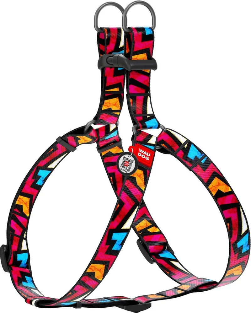 Graffiti Harnas / Hondentuigje - Nylon - Gratis QR-tag - Breedte: 15 mm - Borstomtrek: 40 - 55 cm (GELIEVE ALVORENS BESTELLEN OPMETEN) by Waudog in Multicolour – product photo