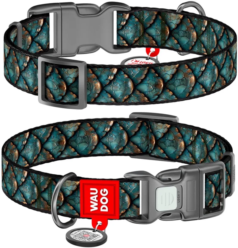 Halsband hond Scales - Nylon - Maat M - 20 mm von Waudog in Groenblauw – Produktfoto
