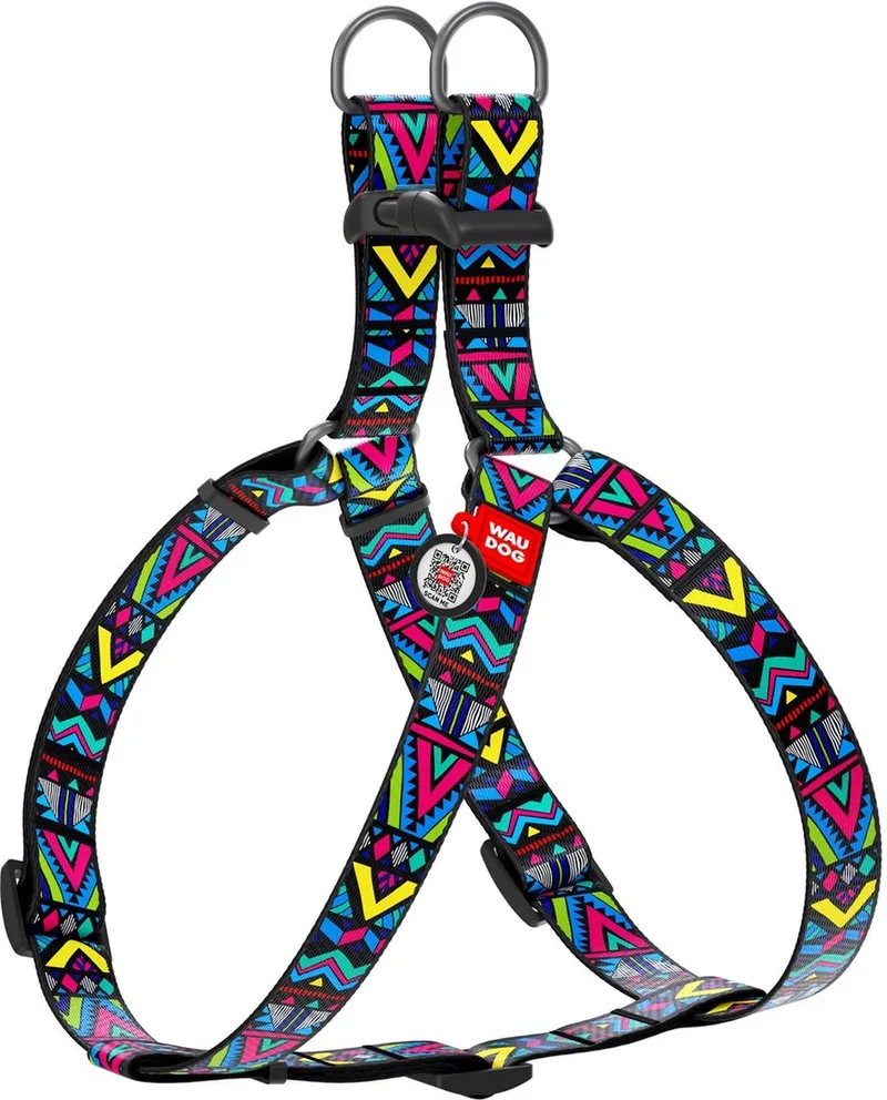 Indie Harnas / Hondentuigje - Nylon - Gratis QR Tag - Breedte: 15 mm - Borstomtrek: 40 - 55 cm (GELIEVE ALVORENS BESTELLEN OPMETEN) de Waudog en Multicolore – photo produit