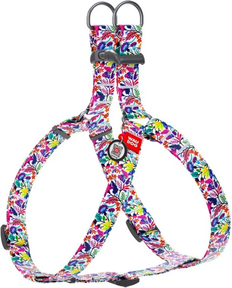 Magic Flowers Harnas / Hondentuigje - Nylon - Gratis QR-tag - Breedte: 20 mm - Borstomtrek: 50 - 80 cm (GELIEVE ALVORENS BESTELLEN OPMETEN) de Waudog en Multicolore – photo produit