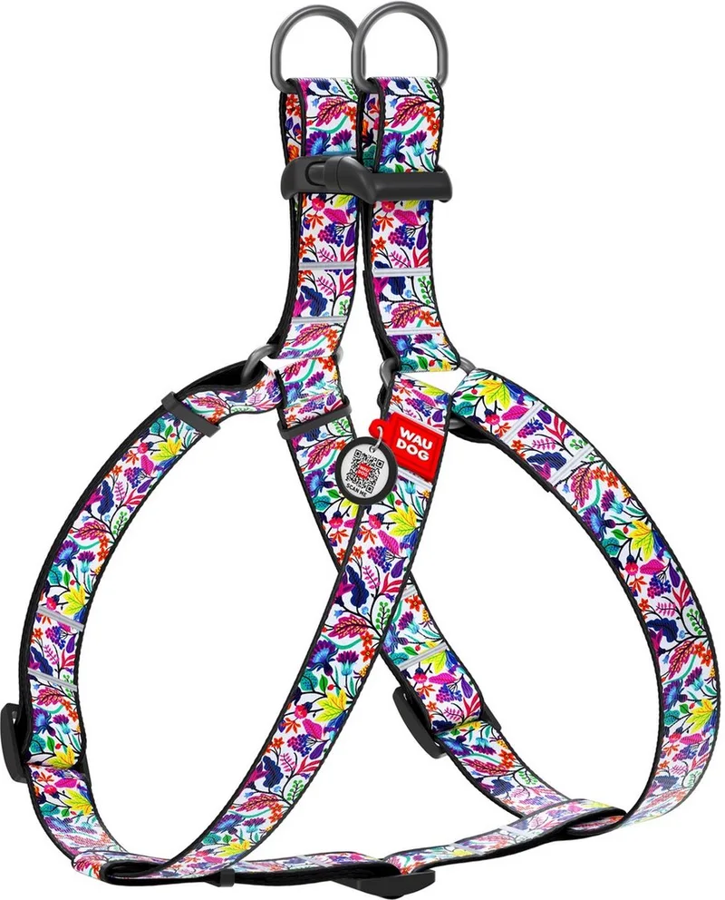 Magic Flowers Harnas / Hondentuigje - Nylon - Gratis QR-tag - Breedte: 15 mm - Borstomtrek: 40 - 55 cm (GELIEVE ALVORENS BESTELLEN OPMETEN) by Waudog in Multicolour – product photo