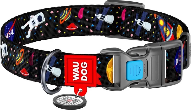 Nasa Halsband / Hondenhalsband - Nylon - Gratis QR-tag - Breedte: 25 mm - Nekomtrek: 35 - 58 cm (GELIEVE ALVORENS BESTELLEN OPMETEN) de Waudog en Noir – photo produit