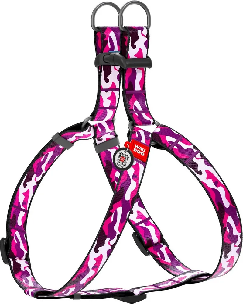 Pink Camo Harnas / Hondentuigje - Nylon - Gratis QR-tag - Breedte: 15 mm - Borstomtrek: 40 - 55 cm (GELIEVE ALVORENS BESTELLEN OPMETEN) by Waudog in Roze-Paars gecamoufleerd – product photo