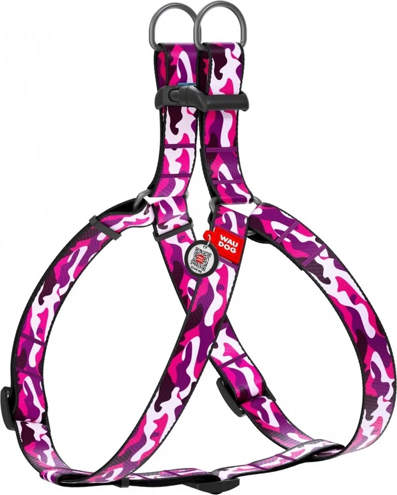 Pink Camo Harnas / Hondentuigje - Nylon - Gratis QR Tag - Breedte: 25 mm - Borstomtrek: 60 - 90 cm (GELIEVE ALVORENS BESTELLEN OPMETEN) de Waudog en Roze Camo – photo produit
