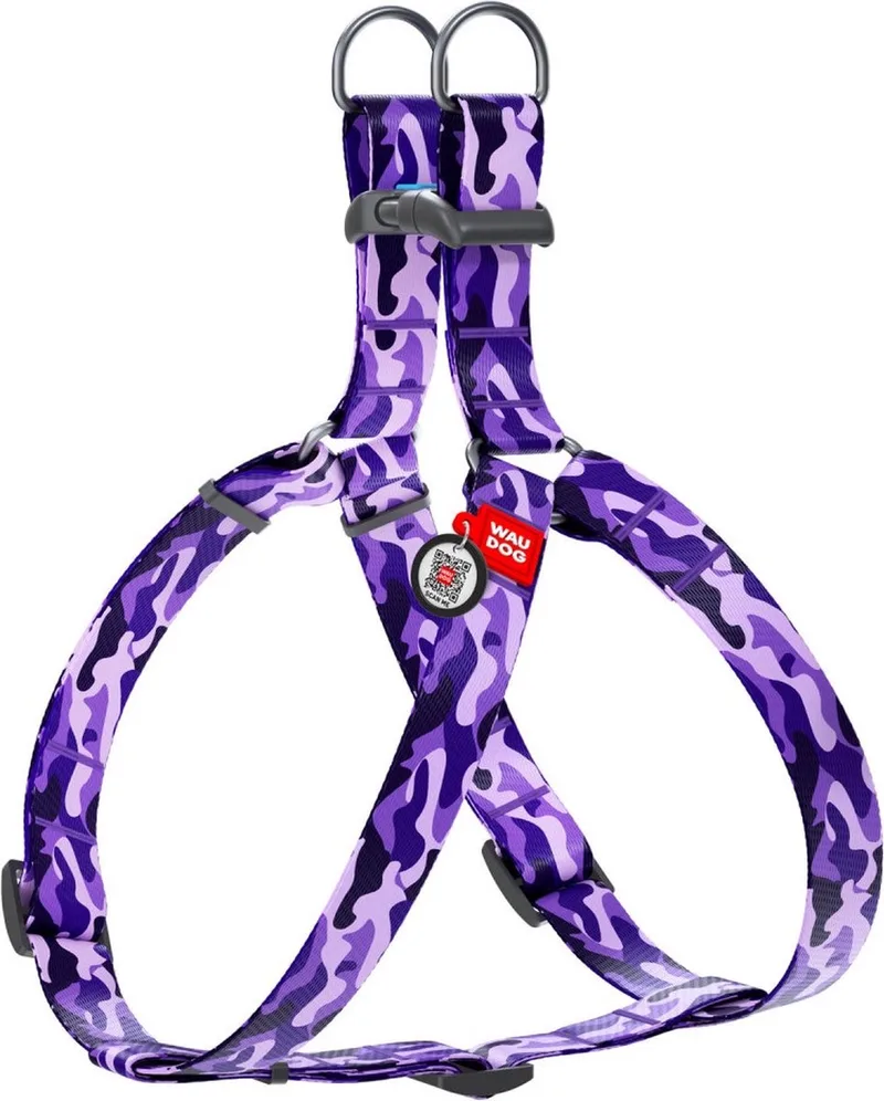 Purple Camo Harnas / Hondentuigje - Nylon - Gratis QR Tag - Breedte: 25 mm - Borstomtrek: 60 - 90 cm (GELIEVE ALVORENS BESTELLEN OPMETEN) de Waudog en Violet – photo produit