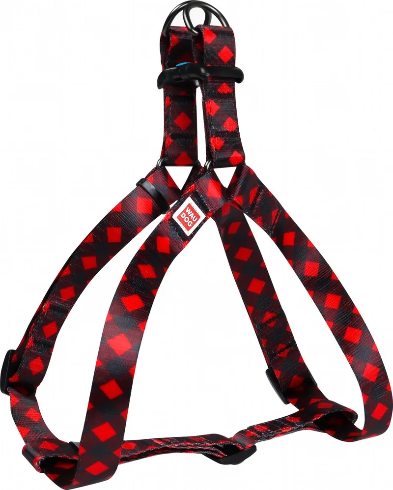 Red Tartan Harnas / Hondentuigje - Nylon - Gratis QR Tag - Breedte: 15 mm - Borstomtrek: 40 - 55 cm (GELIEVE ALVORENS BESTELLEN OPMETEN) by Waudog in Red, Zwart geblokt – product photo