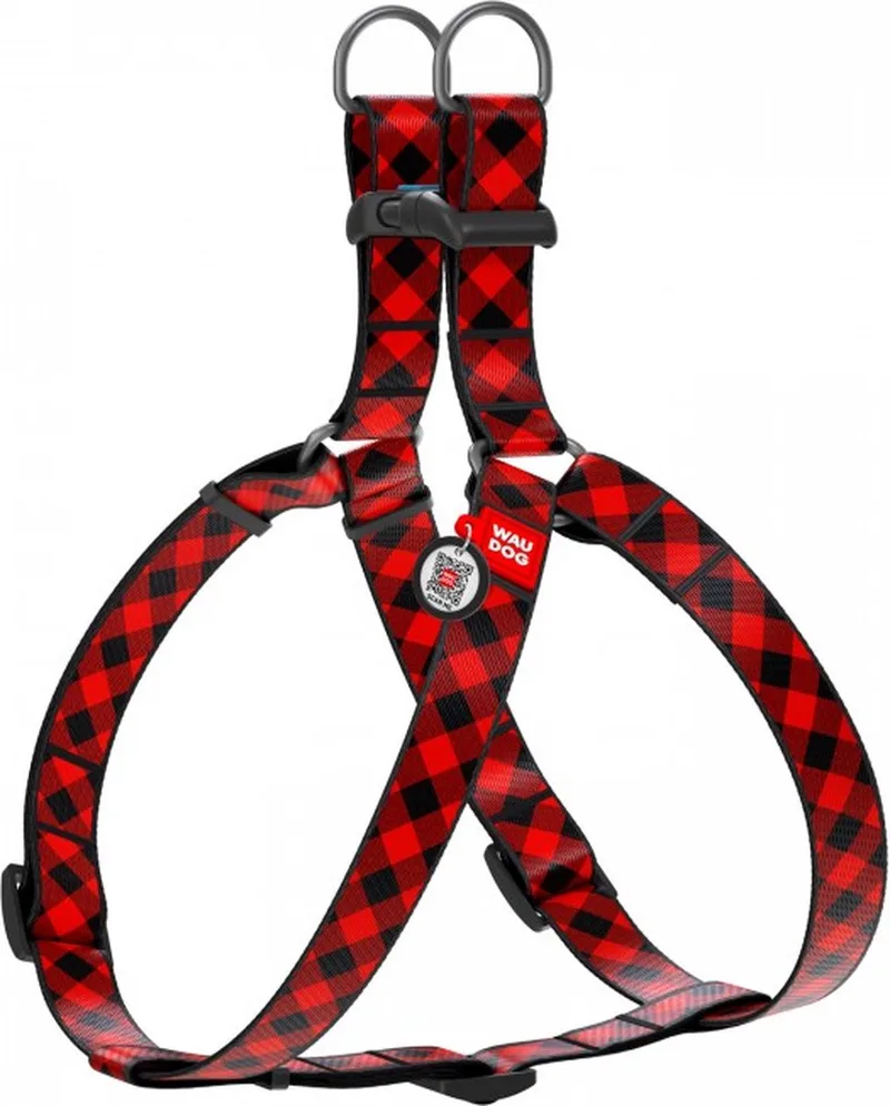 Red Tartan Harnas / Hondentuigje - Nylon - Gratis QR Tag - Breedte: 20 mm - Borstomtrek: 50 - 80 cm (GELIEVE ALVORENS BESTELLEN OPMETEN) by Waudog in Red, Zwart geblokt – product photo