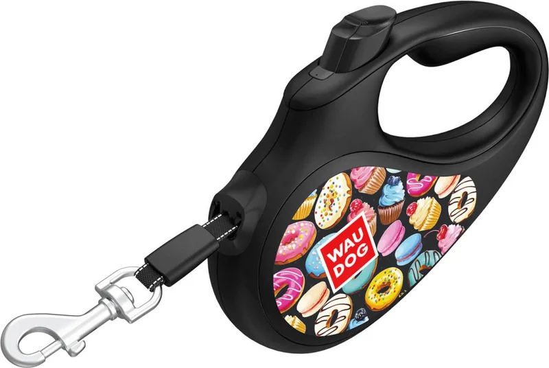 Rollijn / Hondenlijn - Tape - Donuts - Maat: L - Lengte: 5 meter - Geschikt voor honden tot maximaal 50 kg. de Waudog en Donuts (zwart met donuts afbeeldingen) – photo produit