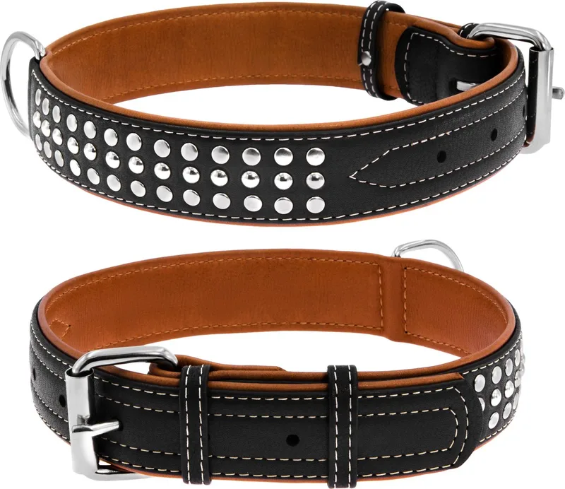 Soft Deco Halsband / Hondenhalsband - Leder - L - Breedte: 35 mm - Nekomtrek: 46 - 60 cm (GELIEVE ALVORENS BESTELLEN OPMETEN) by Waudog in Black – product photo