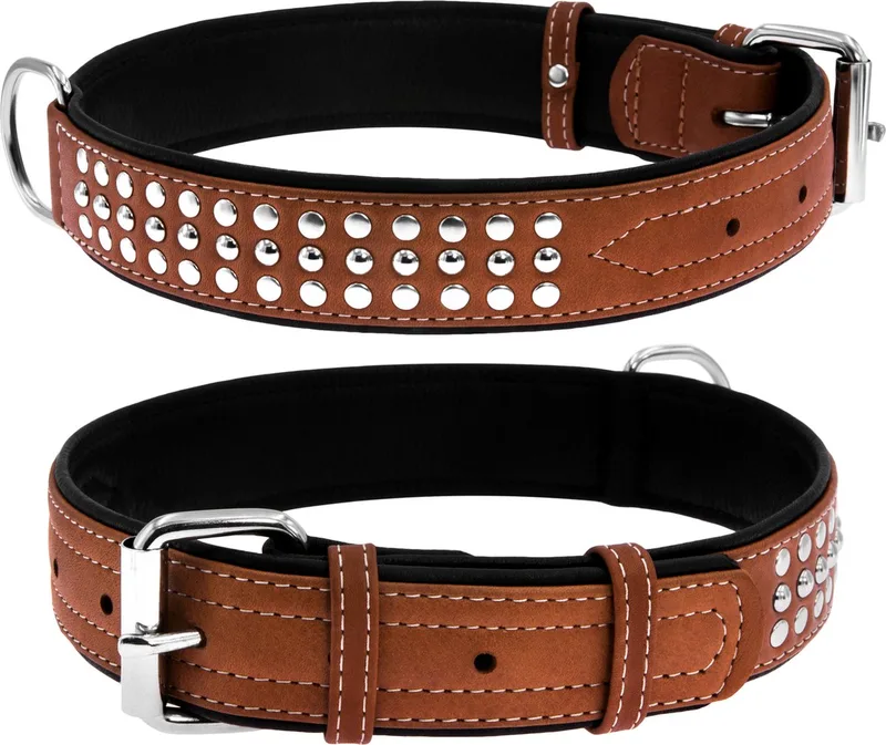 Soft Deco Halsband / Hondenhalsband - Leder - L - Breedte: 35 mm - Nekomtrek: 46 - 60 cm (GELIEVE ALVORENS BESTELLEN OPMETEN) von Waudog in Braun – Produktfoto