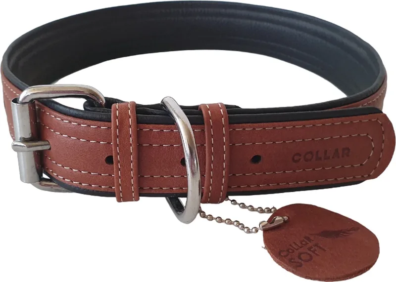 Soft Halsband / Hondenhalsband - Leder - XL - Breedte: 35 mm - Nekomtrek: 57 - 71 cm (GELIEVE ALVORENS BESTELLEN OPMETEN) by Waudog in Brown – product photo