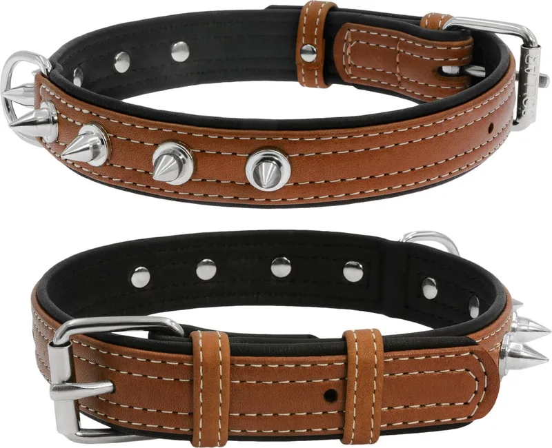 Soft Halsband / Hondenhalsband met Spikes - Leder - Breedte: 35 mm - Nekomtrek: 46 - 60 cm (GELIEVE ALVORENS BESTELLEN OPMETEN) by Waudog in Brown – product photo