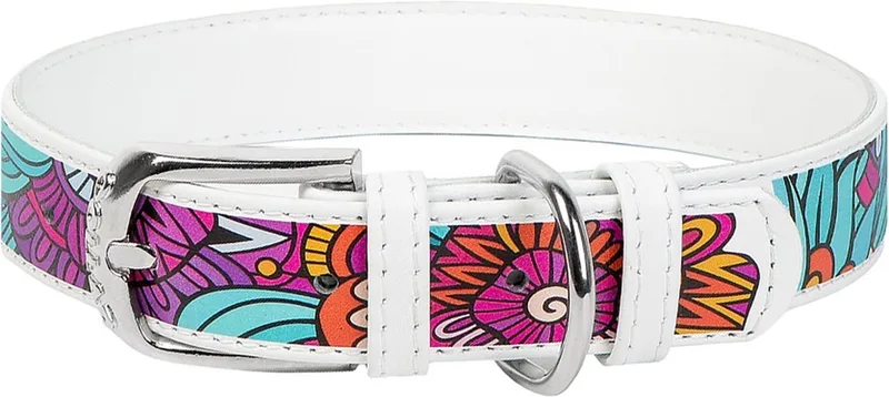 Summer Halsband / Hondenhalsband - Echt Leder - Wit - Full Colour Print - Breedte: 20 mm - Nekomtrek: 30 - 39 cm (GELIEVE ALVORENS BESTELLEN OPMETEN) von Waudog in Wit met multi-colour print – Produktfoto