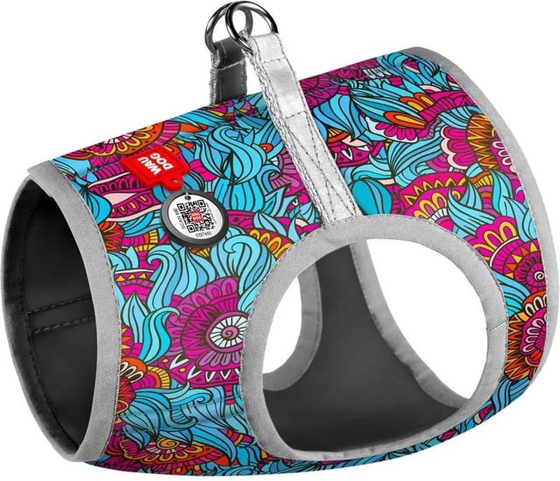 Summer Harnas / Hondentuigje - Polyester - Reflecterend - Gratis QR tag - XS2 - Borstomtrek: 28 - 31 cm - Nekomtrek: 20 - 22 cm (GELIEVE ALVORENS BESTELLEN OPMETEN) by Waudog in Multi-colour Summer print – product photo
