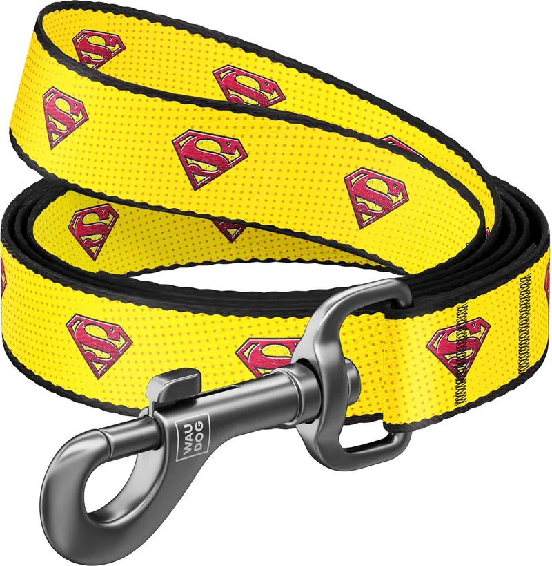 Superman 2 Hondenlijn / Hondenriem - Nylon - Geel - Breedte: 15 mm - Lengte: 122 cm de Waudog en Geel met rode Superman logo's – photo produit