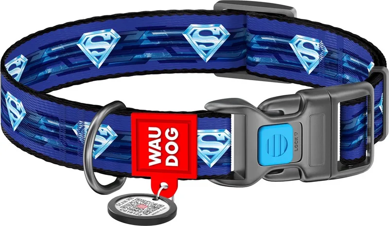 Superman Halsband / Hondenhalsband - Nylon - Gratis QR-tag - Breedte: 1,5 cm - Nekomtrek: 23 - 35 cm (GELIEVE ALVORENS BESTELLEN OPMETEN) by Waudog in Blue – product photo
