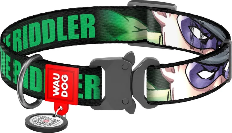 The Riddler Halsband / Hondenhalsband - Nylon - Gratis QR-tag - Breedte: 2,5 cm - Nekomtrek: 35 - 58 cm (GELIEVE ALVORENS BESTELLEN OPMETEN) de Waudog en Vert – photo produit