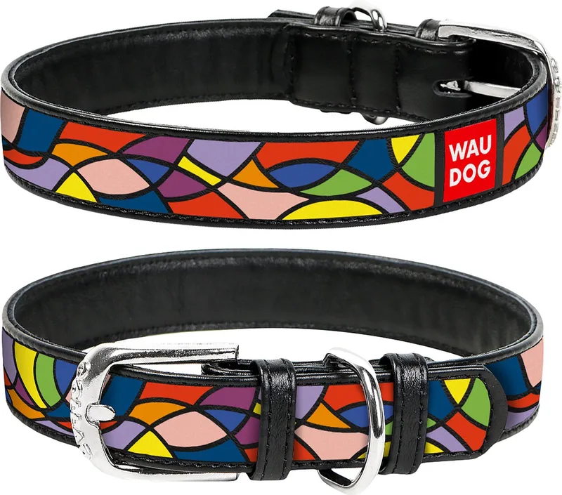Vitrage Halsband / Hondenhalsband - Echt Leder - Zwart - Full Colour Print - Breedte: 12 mm - Nekomtrek: 19 - 25 cm (GELIEVE ALVORENS BESTELLEN OPMETEN) de Waudog en Zwart met multi-colour print – photo produit