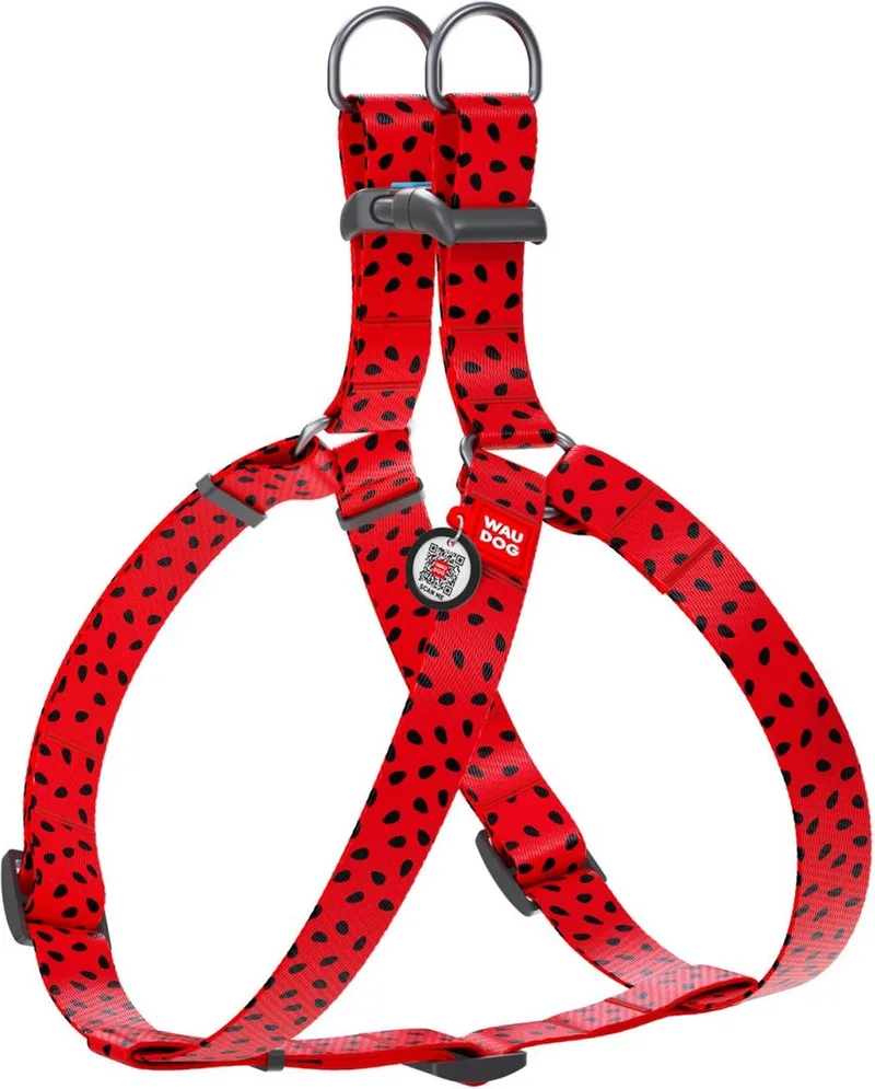 Watermelon Harnas / Hondentuigje - Nylon - Gratis QR Tag - Breedte: 15 mm - Borstomtrek: 40 - 55 cm (GELIEVE ALVORENS BESTELLEN OPMETEN) by Waudog in Red, Black – product photo