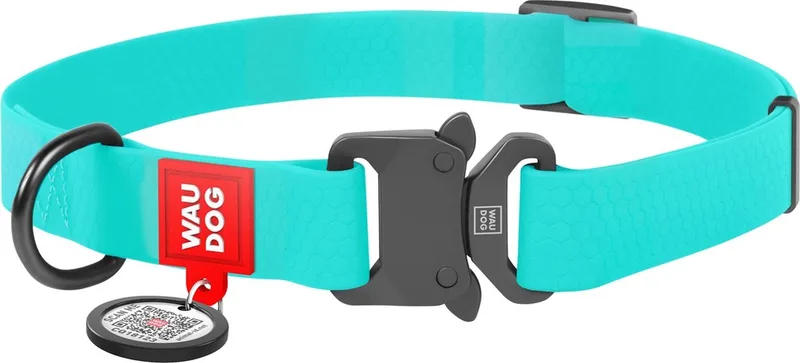 Waterproof Halsband - Collartex - Metalen Fastex Sluiting - Gratis QR-Tag - Mint (Glows In The Dark) - Breedte 2,5 cm - Nekomtrek 31 - 49 cm (GELIEVE ALVORENS BESTELLEN OPMETEN) by Waudog in Mint (Glow in the dark) – product photo