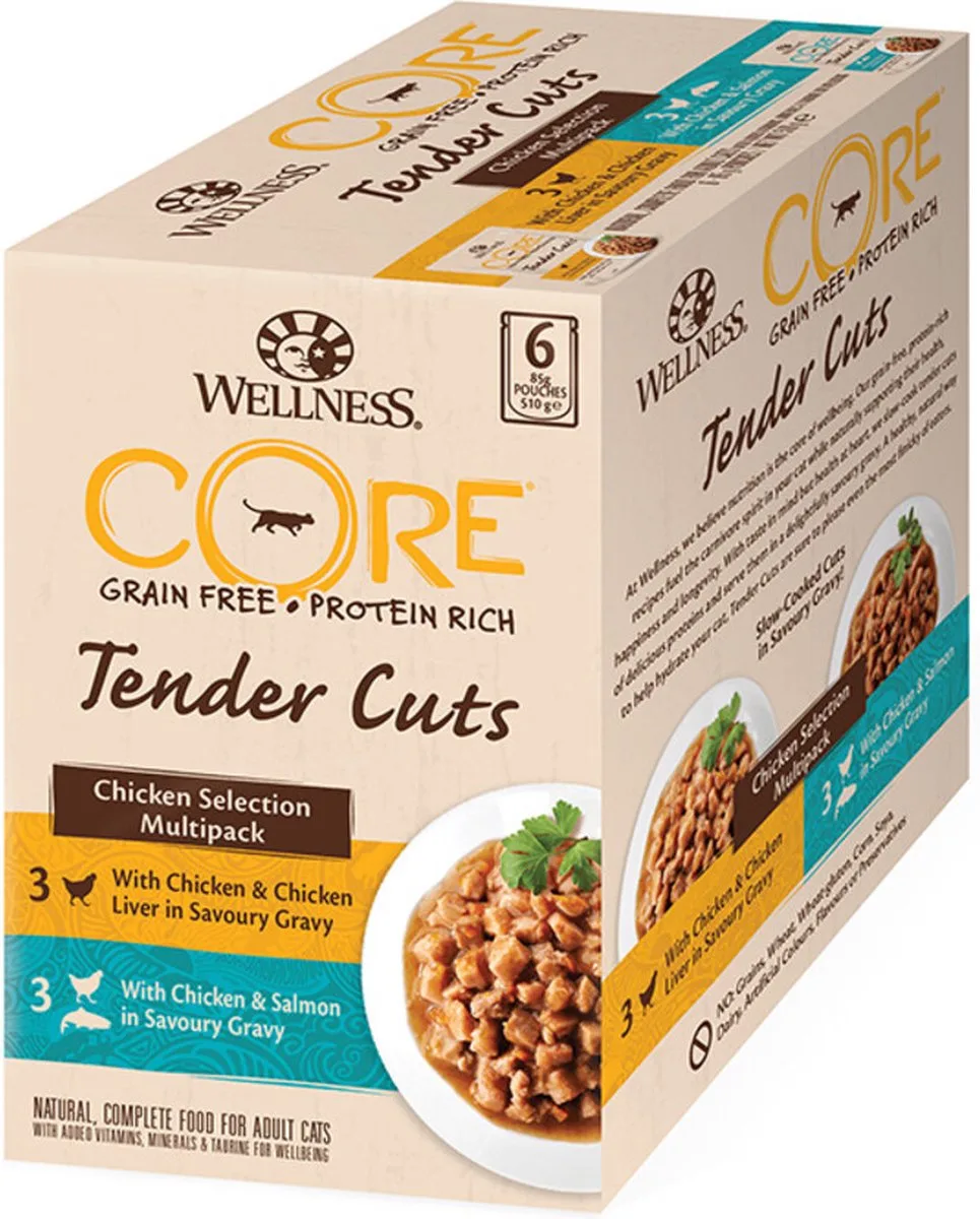 8x Wellness Core Kattenvoer Tender Cuts Selection 6-pack Kip 6 x 85 gr van Wellness Core – productfoto