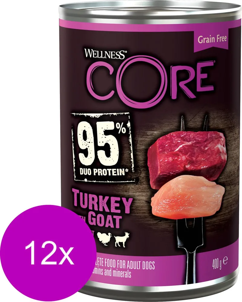Grain Free 95 400 g - Hondenvoer - 12 x Kalkoen&Geit&Bataat de Wellness Core – photo produit