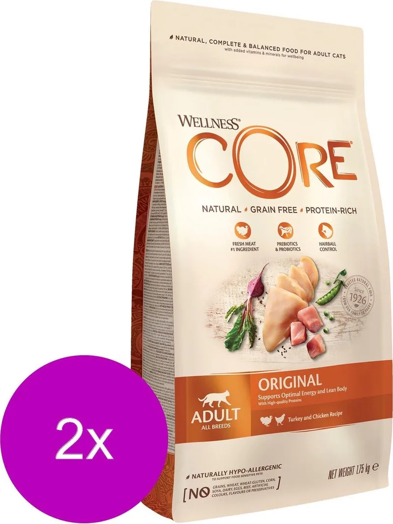 Grain Free Cat Original Kalkoen&Kip - Kattenvoer - 2 x 1.75 kg de Wellness Core – photo produit