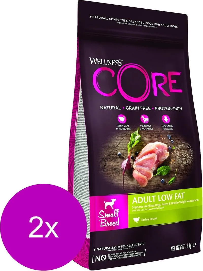 Grain Free Dog Healthy Weight Small Breed - Hondenvoer - 2 x Kalkoen 1.5 kg de Wellness Core – photo produit