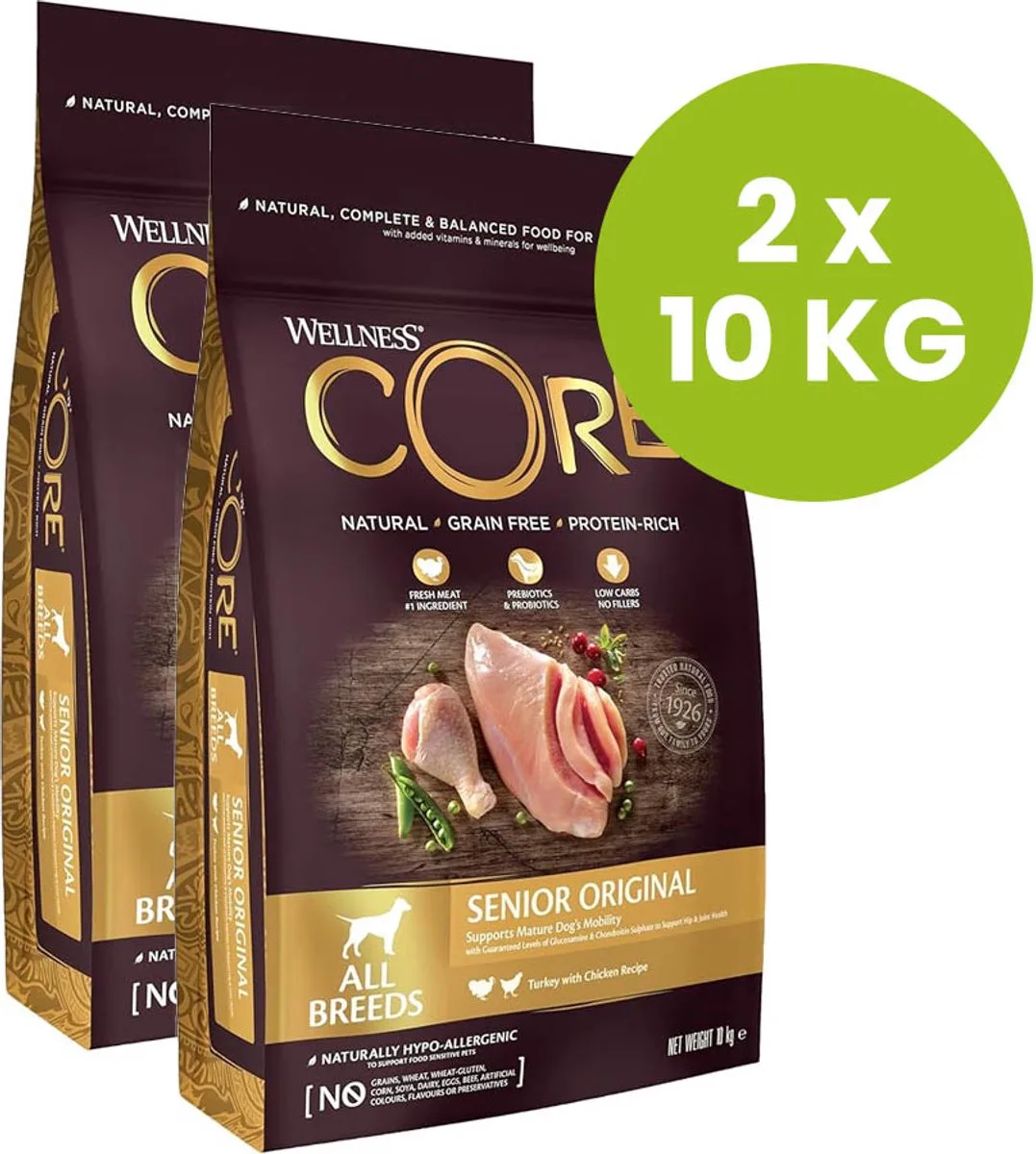 Grain Free Dog Senior Original Kalkoen&Kip - 2x 10 kilo = 20 kilo de Wellness Core – photo produit