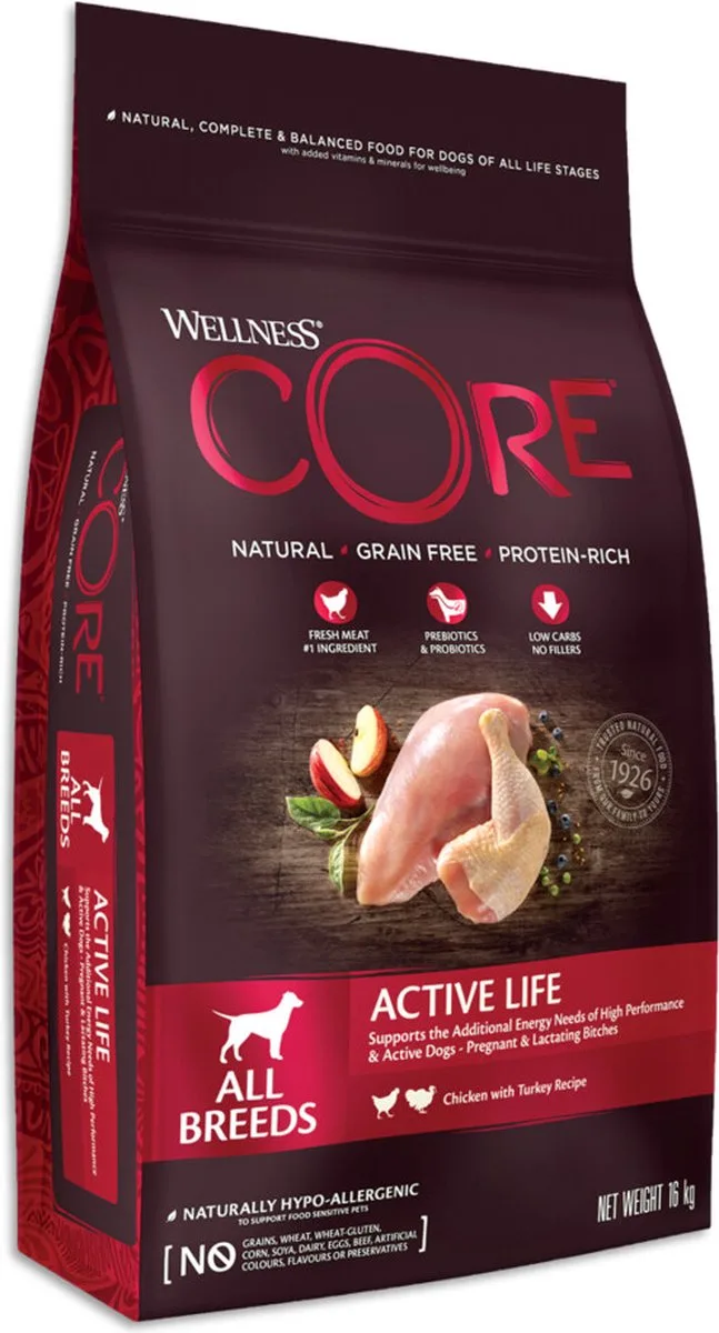 Hondenvoer All Breeds Active Life Kalkoen & Kip 10 kg de Wellness Core – photo produit