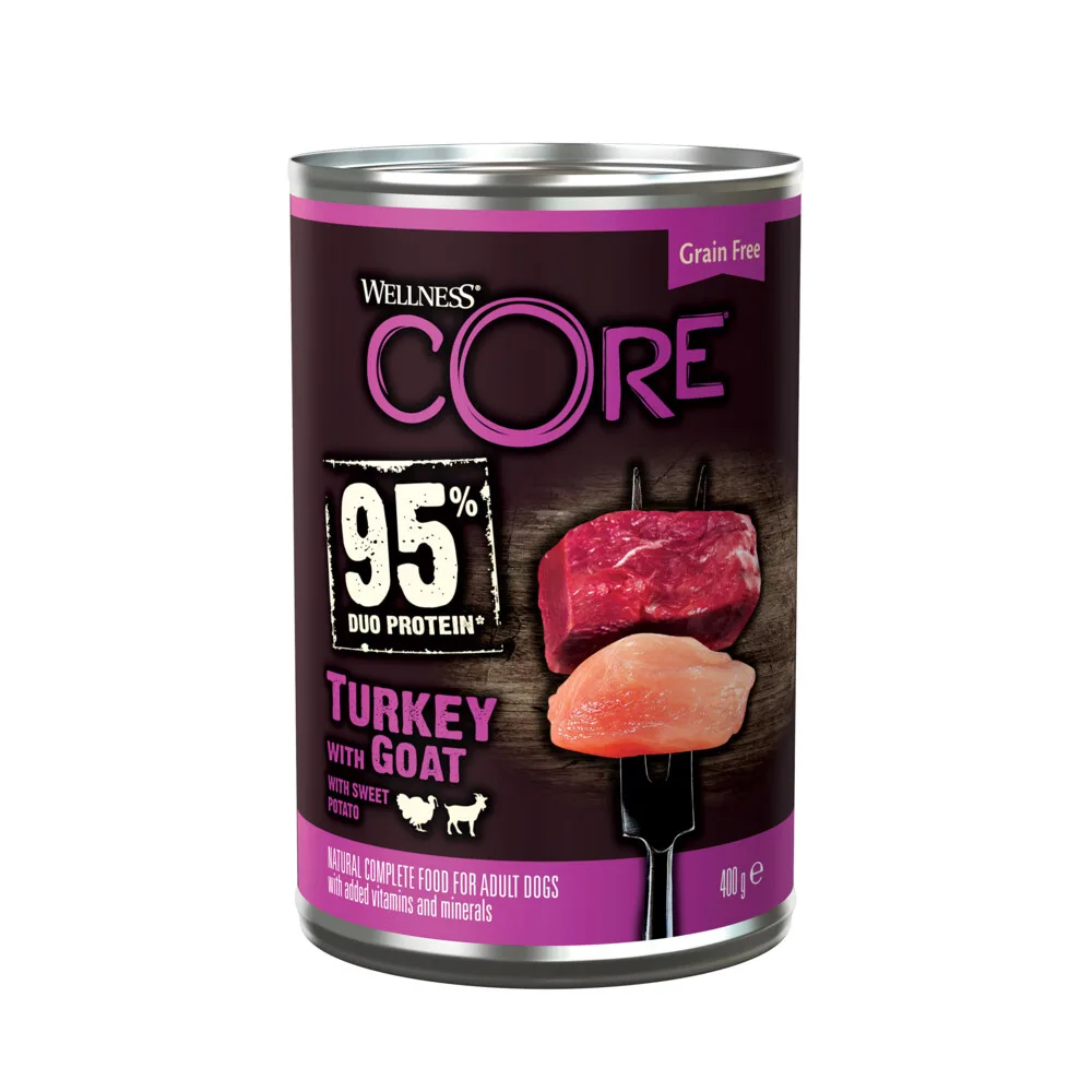 Hondenvoer Blik Kalkoen - Geit - Zoete Aardappel 400 gr de Wellness Core – photo produit