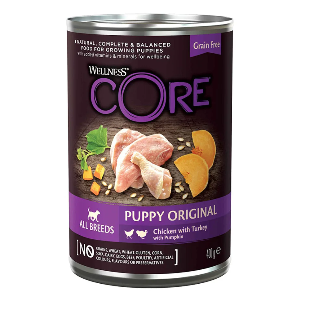 Hondenvoer Blik Puppy Kip - Kalkoen - Pompoen 400 gr van Wellness Core – productfoto