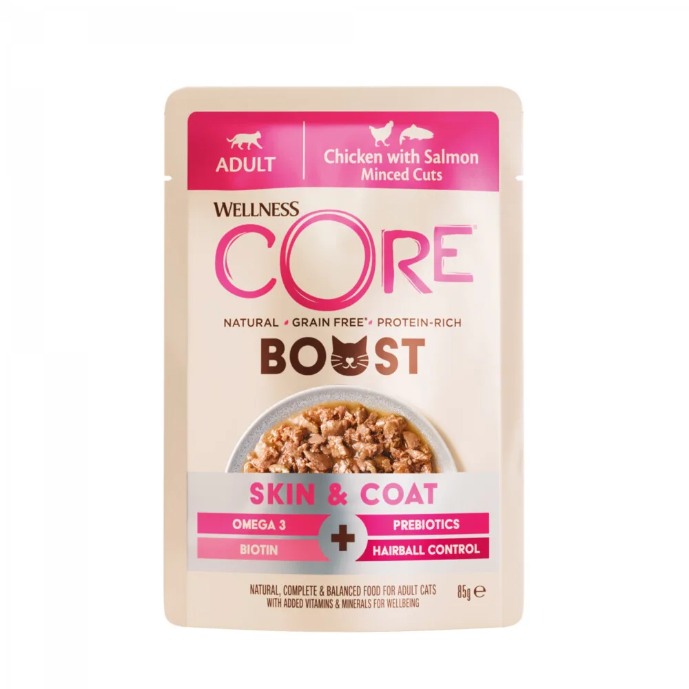 Kattenvoer Boost+ Skin & Coat Kip & Zalm 85 gr von Wellness Core – Produktfoto
