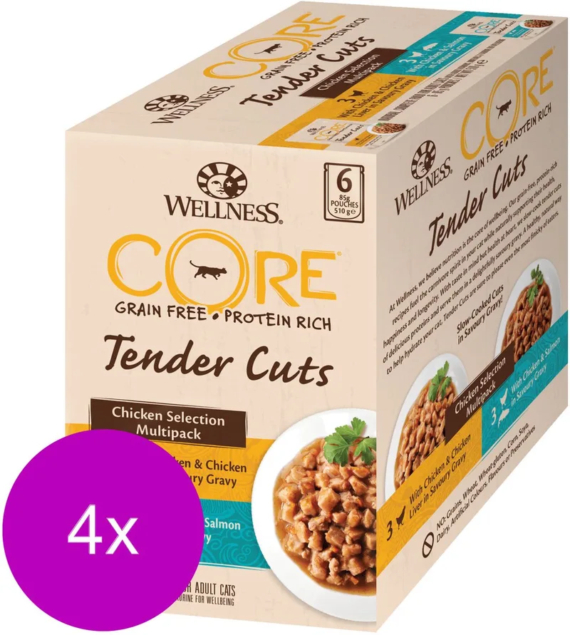 Tender Cuts Chicken Selection - Kattenvoer - 4 x Kip 6x85 g by Wellness Core – product photo