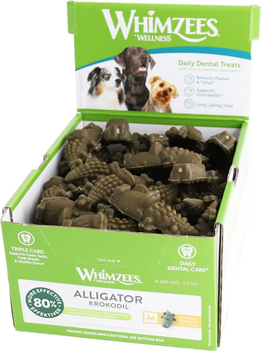 Alligator Medium vegetarische tandverzorgingssnack - ondersteunt het verwijderen van tandplak en tandsteen bij het kauwen. van Whimzees – productfoto