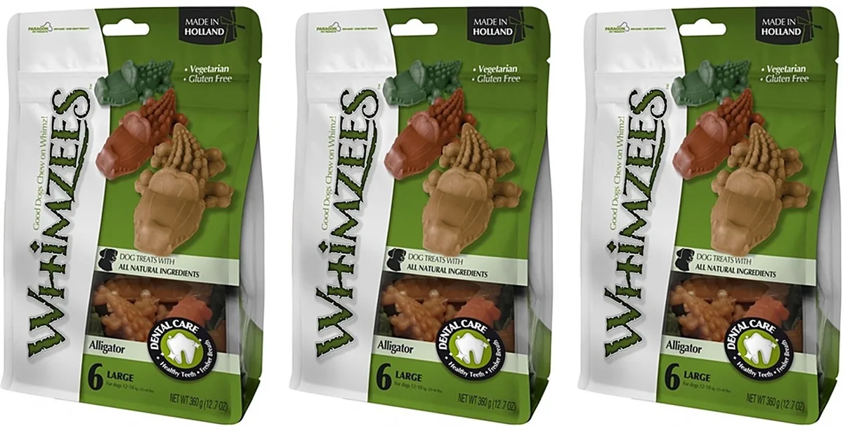 Krokodil - Vegetarische Kauwsnacks - 3 verpakkingen van 12 stuks - Multipack van Whimzees – productfoto