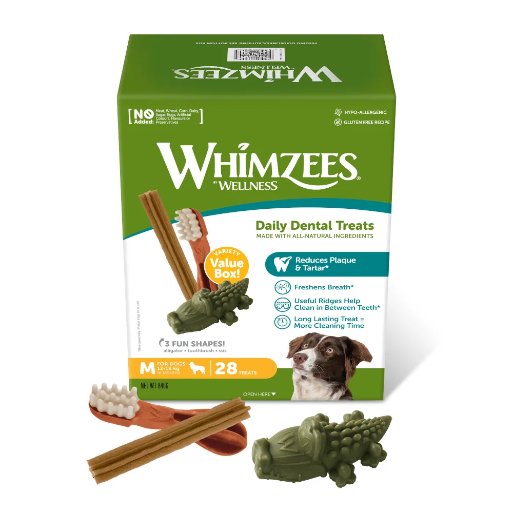 Maat M: voor middelgrote honden (12 - 18 kg, 28 stuks) Whimzees by Wellness Mixbox hondensnacks de Whimzees – photo produit