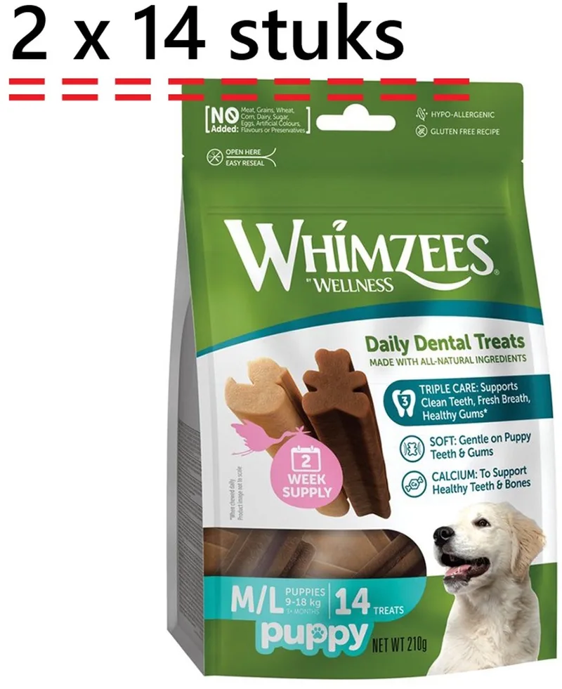 puppy dental daily treats - 14 stuks - M-L (9-18kg) veggie - 210 gr - *** 2 X *** hypo-allergeen - glutenvrij - gezond en lekker - tandverzorgend by Whimzees – product photo