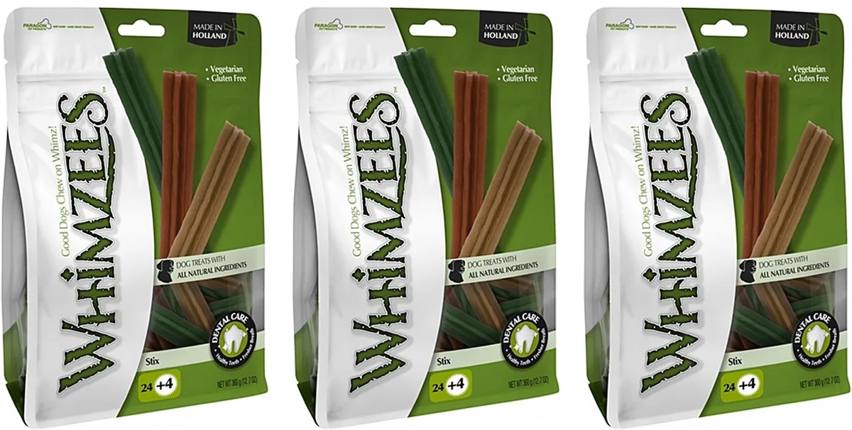 Stix - Vegetarische Kauwsnacks Hond - 3 verpakkingen van 24 stuks - Multipack van Whimzees – productfoto