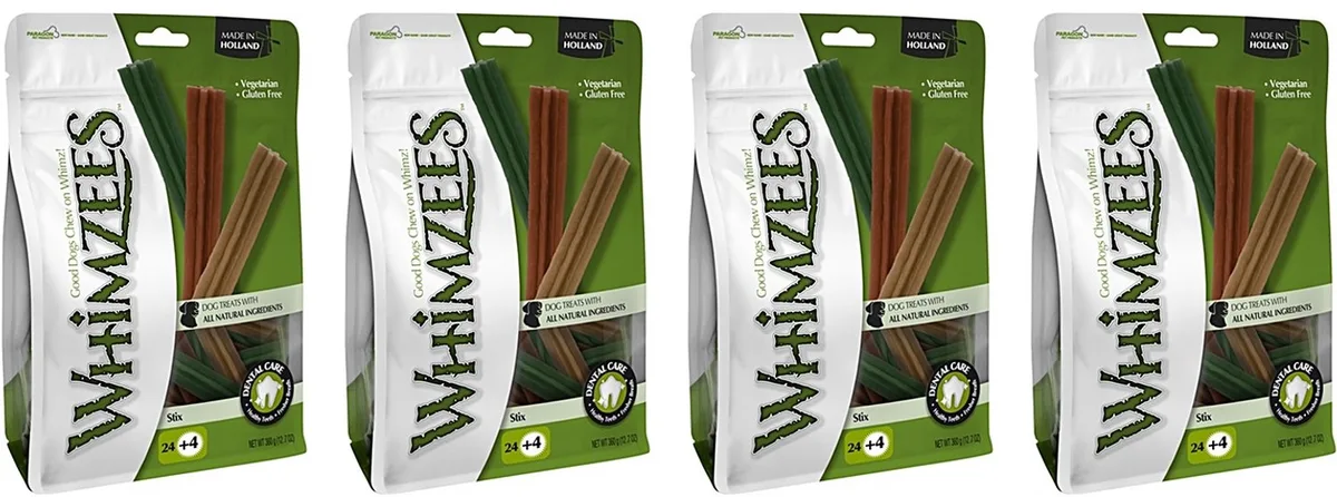 Stix - Vegetarische Kauwsnacks Hond - 4 verpakkingen van 24 stuks - Multipack van Whimzees – productfoto
