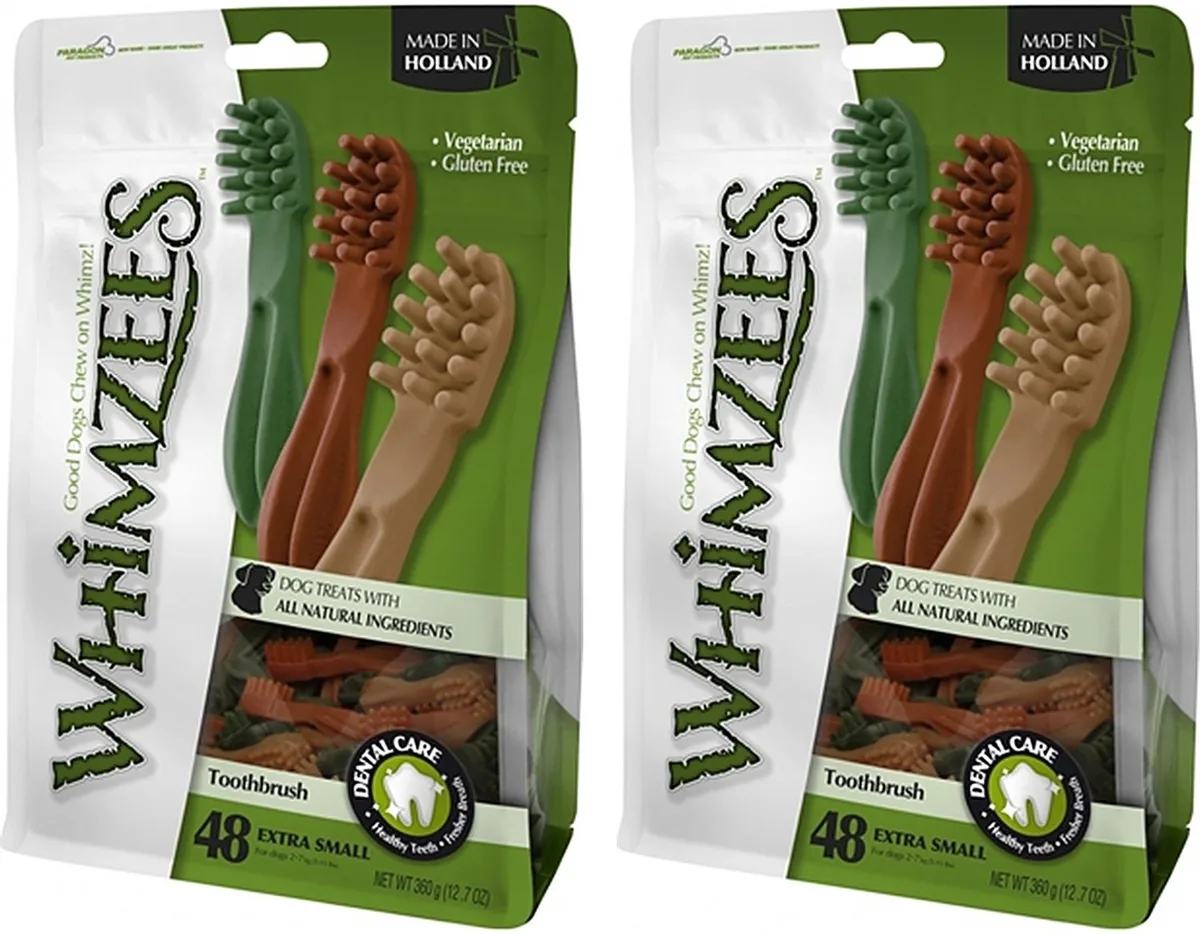 Tandenborstel - Vegetarische Kauwsnacks Small 8.5 cm - 2 verpakkingen van 24 stuks - Multipack van Whimzees – productfoto